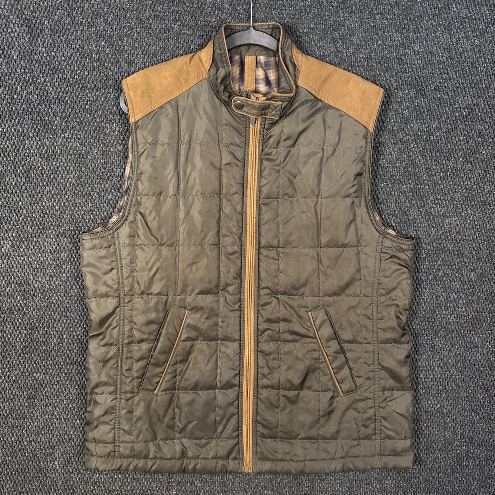 Alan Flusser Quilted Vest Men XL Brown Faux Suede Trim Plaid Lined Full Zip